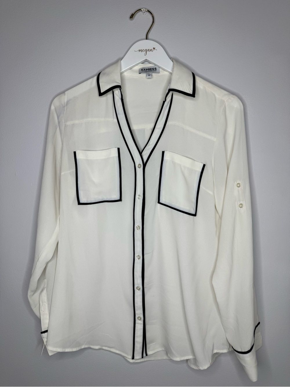 Express White Button-Down Portifino Shirt with Black Piping | Size Medium